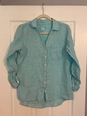 Sigrid Olsen Light Aqua Linen Shirt with Embroidered Label